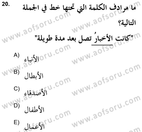 Arapça 2 (APÇ) Dersi 2021 - 2022 Yılı (Final) Dönem Sonu Sınavı 20. Soru