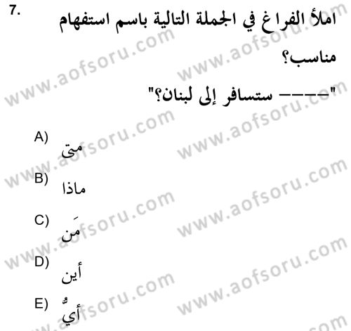 Arapça 2 (APÇ) Dersi 2021 - 2022 Yılı (Final) Dönem Sonu Sınavı 7. Soru