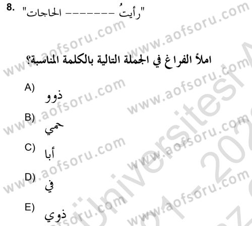 Arapça 2 (APÇ) Dersi 2021 - 2022 Yılı Yaz Okulu Sınav Soruları 8. Soru