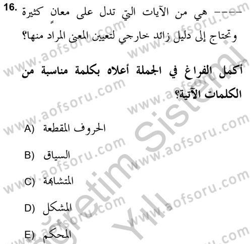 Tefsir Tarihi ve Usulü Dersi 2018 - 2019 Yılı Yaz Okulu Sınav Soruları 16. Soru