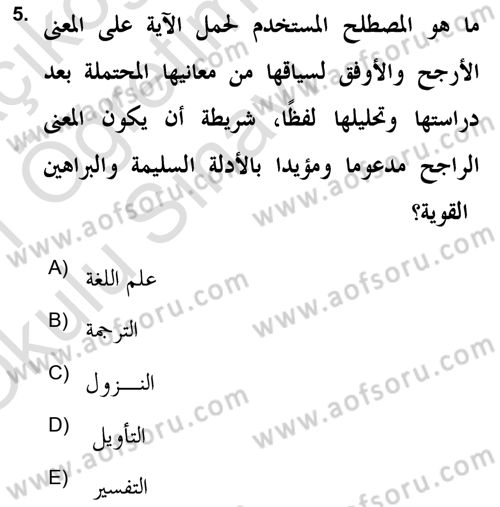 Tefsir Tarihi ve Usulü Dersi 2020 - 2021 Yılı Yaz Okulu Sınavı 5. Soru