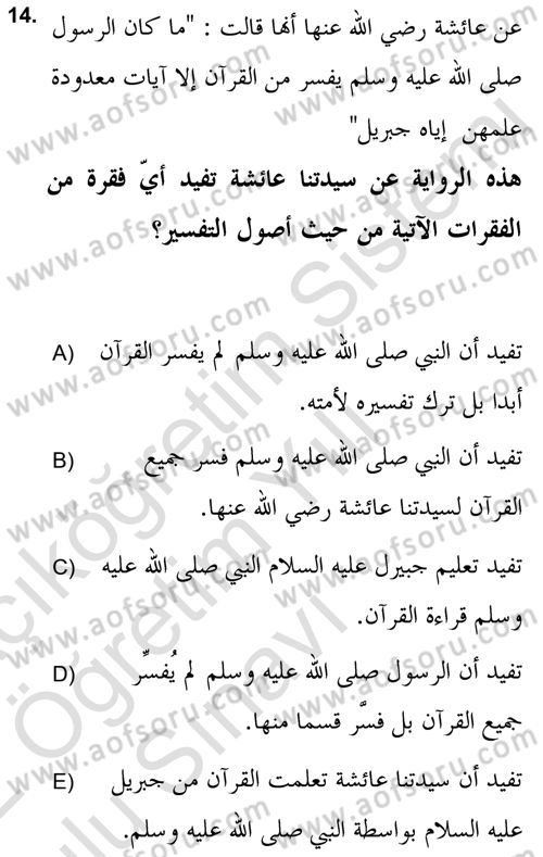 Tefsir Tarihi ve Usulü Dersi 2021 - 2022 Yılı Yaz Okulu Sınav Soruları 14. Soru