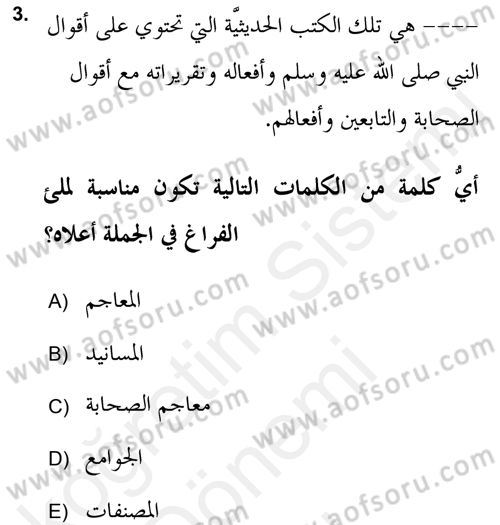 Hadis Tarihi ve Usulü Dersi 2018 - 2019 Yılı (Final) Dönem Sonu Sınav Soruları 3. Soru