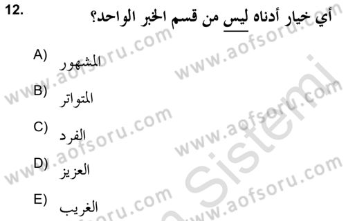 Hadis Tarihi ve Usulü Dersi 2021 - 2022 Yılı Yaz Okulu Sınav Soruları 12. Soru
