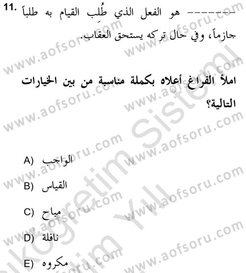 İslam Hukukuna Giriş Dersi 2021 - 2022 Yılı Yaz Okulu Sınav Soruları 11. Soru