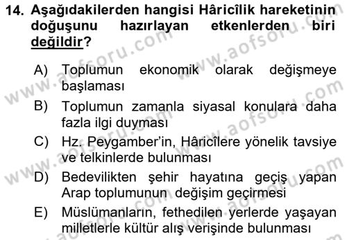 İlk Dönem İslam Tarihi Dersi 2018 - 2019 Yılı 3 Ders Sınav Soruları 14. Soru