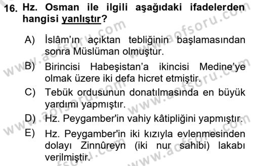İlk Dönem İslam Tarihi Dersi 2018 - 2019 Yılı 3 Ders Sınav Soruları 16. Soru