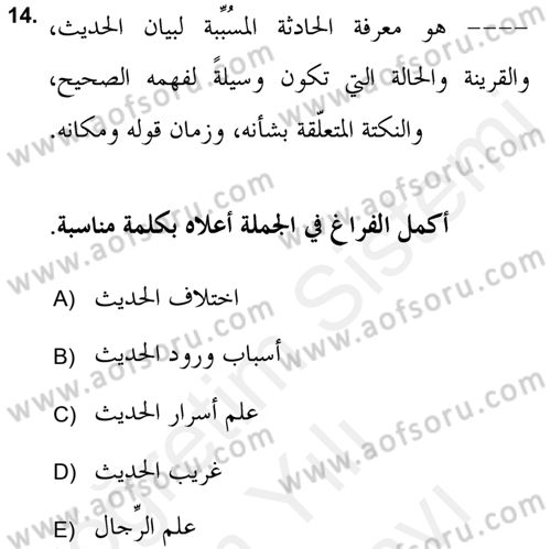Hadis Dersi 2018 - 2019 Yılı (Vize) Ara Sınav Soruları 14. Soru