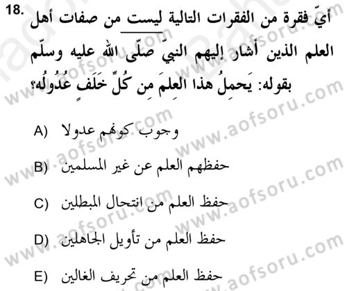 Hadis Dersi 2018 - 2019 Yılı (Vize) Ara Sınav Soruları 18. Soru
