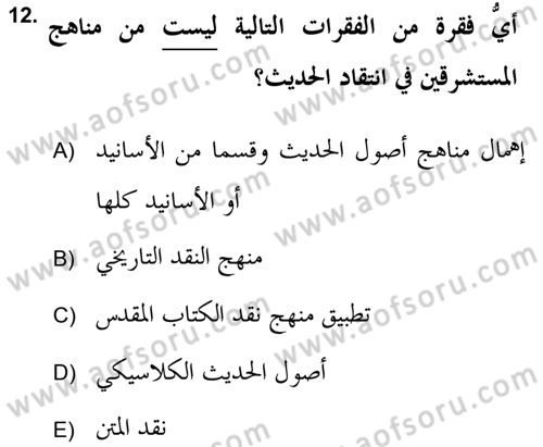 Hadis Dersi 2018 - 2019 Yılı (Final) Dönem Sonu Sınav Soruları 12. Soru