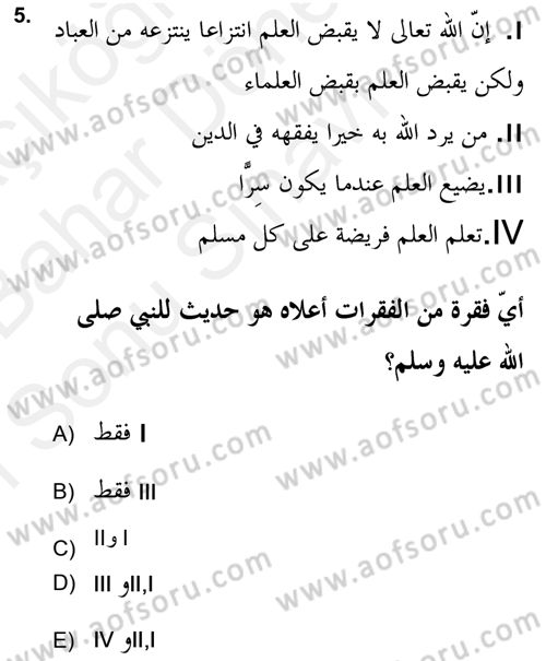 Hadis Dersi 2018 - 2019 Yılı (Final) Dönem Sonu Sınav Soruları 5. Soru