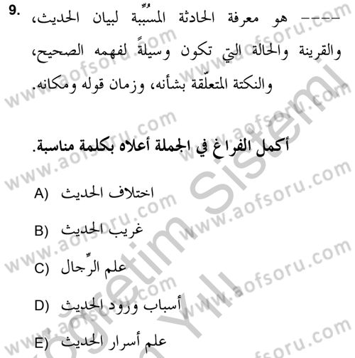 Hadis Dersi 2018 - 2019 Yılı Yaz Okulu Sınav Soruları 9. Soru