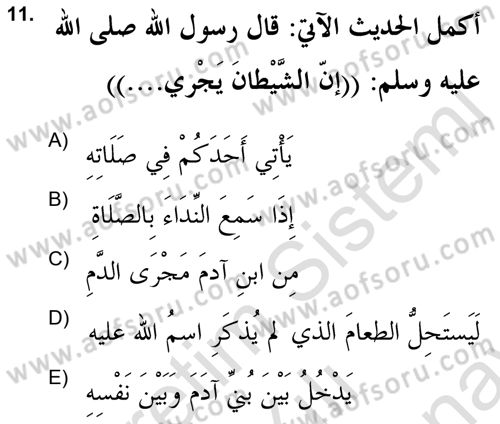 Hadis Dersi 2021 - 2022 Yılı (Final) Dönem Sonu Sınav Soruları 11. Soru