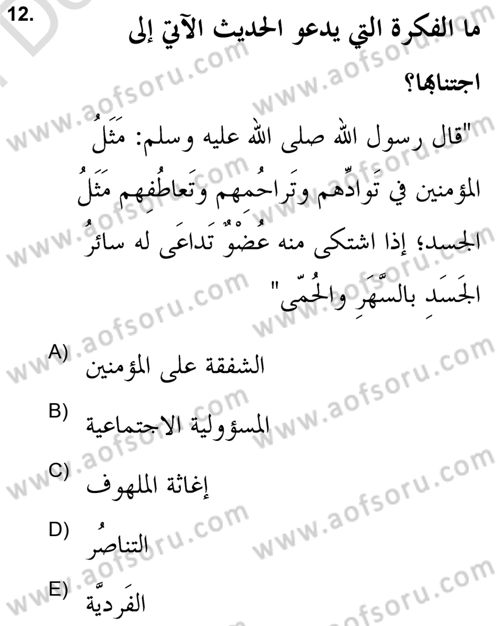 Hadis Dersi 2021 - 2022 Yılı (Final) Dönem Sonu Sınav Soruları 12. Soru