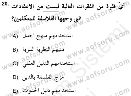 Kelam’a Giriş Dersi 2018 - 2019 Yılı (Final) Dönem Sonu Sınav Soruları 20. Soru