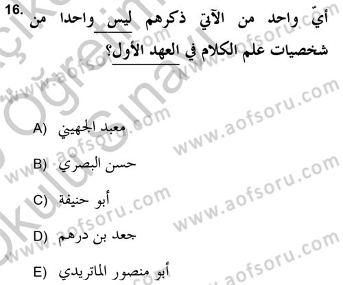 Kelam’a Giriş Dersi 2018 - 2019 Yılı Yaz Okulu Sınav Soruları 16. Soru
