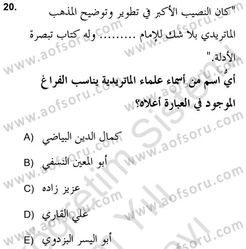 Kelam’a Giriş Dersi 2021 - 2022 Yılı (Vize) Ara Sınav Soruları 20. Soru