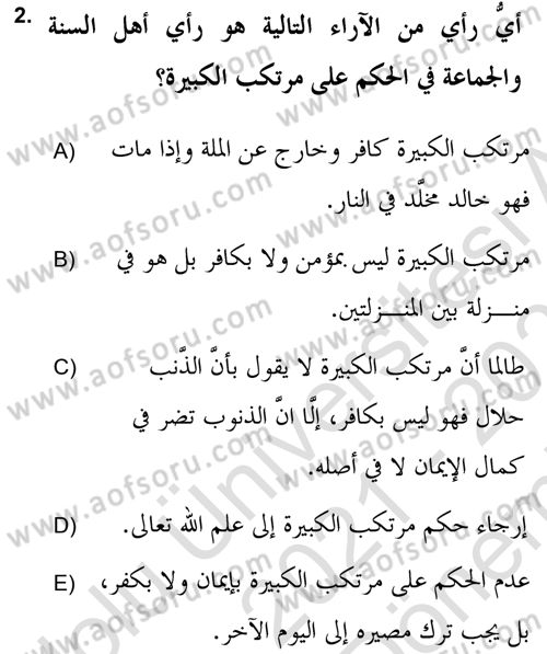 Kelam’a Giriş Dersi 2021 - 2022 Yılı (Final) Dönem Sonu Sınav Soruları 2. Soru