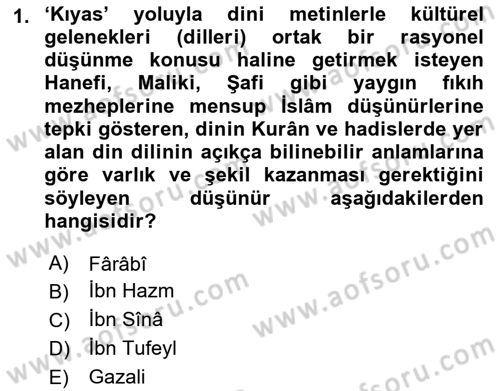 İslam Düşünce Tarihi Dersi 2022 - 2023 Yılı (Final) Dönem Sonu Sınav Soruları 1. Soru