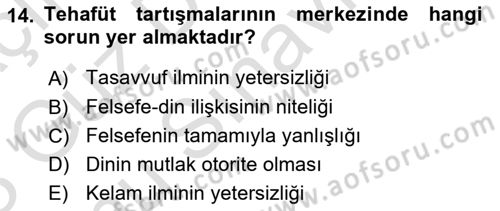 İslam Düşünce Tarihi Dersi 2022 - 2023 Yılı (Final) Dönem Sonu Sınav Soruları 14. Soru