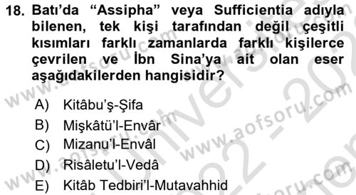 İslam Düşünce Tarihi Dersi 2022 - 2023 Yılı (Final) Dönem Sonu Sınav Soruları 18. Soru