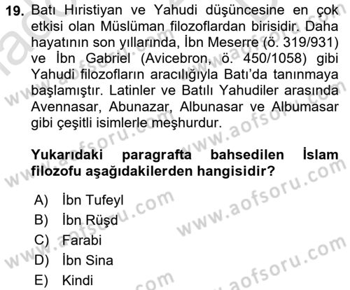 İslam Düşünce Tarihi Dersi 2022 - 2023 Yılı (Final) Dönem Sonu Sınav Soruları 19. Soru