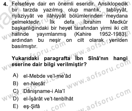 İslam Düşünce Tarihi Dersi 2022 - 2023 Yılı (Final) Dönem Sonu Sınav Soruları 4. Soru