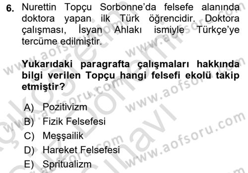 İslam Düşünce Tarihi Dersi 2022 - 2023 Yılı (Final) Dönem Sonu Sınav Soruları 6. Soru