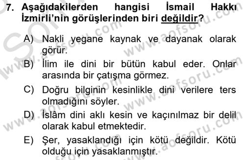 İslam Düşünce Tarihi Dersi 2022 - 2023 Yılı (Final) Dönem Sonu Sınav Soruları 7. Soru