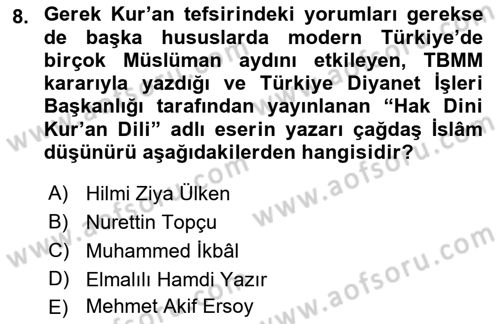 İslam Düşünce Tarihi Dersi 2022 - 2023 Yılı (Final) Dönem Sonu Sınav Soruları 8. Soru