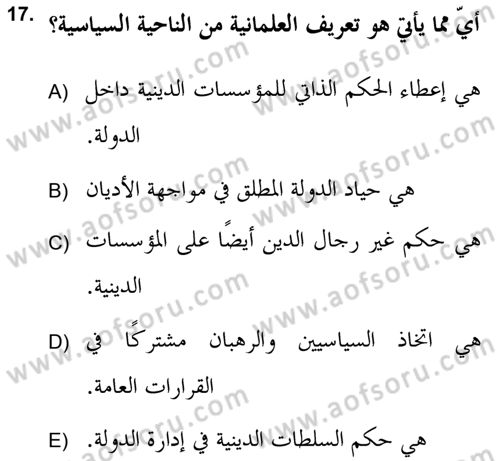 Din Sosyolojisi Dersi 2018 - 2019 Yılı (Vize) Ara Sınav Soruları 17. Soru