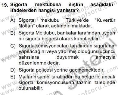 Dış Ticaret Belgeleri Dersi 2014 - 2015 Yılı (Vize) Ara Sınav Soruları 19. Soru