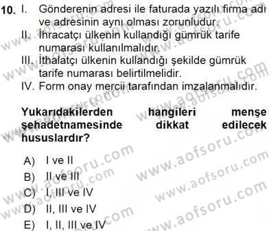 Dış Ticaret Belgeleri Dersi 2015 - 2016 Yılı (Vize) Ara Sınav Soruları 10. Soru