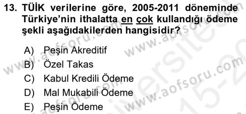 Dış Ticarete Giriş Dersi 2015 - 2016 Yılı Tek Ders Sınavı 13. Soru