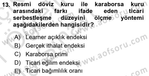 Dış Ticarete Giriş Dersi 2020 - 2021 Yılı Yaz Okulu Sınavı 13. Soru