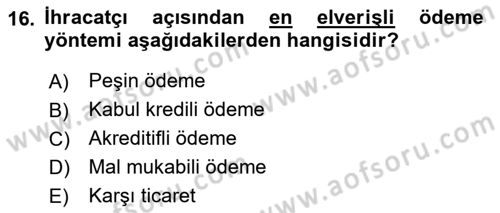 Dış Ticarete Giriş Dersi 2021 - 2022 Yılı (Vize) Ara Sınavı 16. Soru