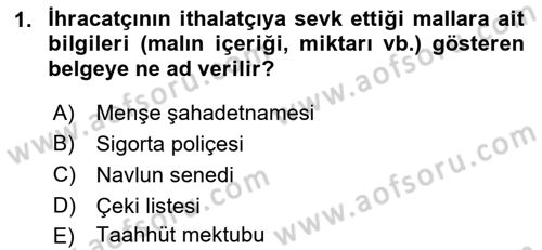 Dış Ticarete Giriş Dersi 2021 - 2022 Yılı (Final) Dönem Sonu Sınavı 1. Soru