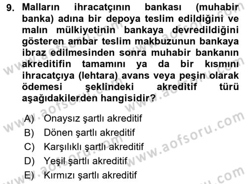 Dış Ticarete Giriş Dersi 2021 - 2022 Yılı Yaz Okulu Sınavı 9. Soru