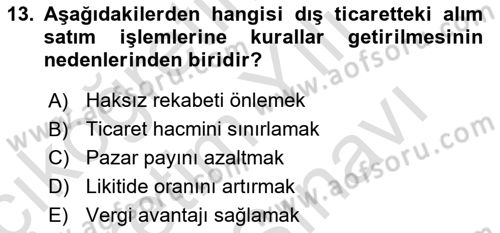 Dış Ticarete Giriş Dersi 2023 - 2024 Yılı (Vize) Ara Sınavı 13. Soru