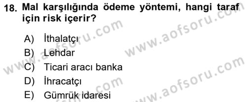 Dış Ticarete Giriş Dersi 2023 - 2024 Yılı (Vize) Ara Sınavı 18. Soru