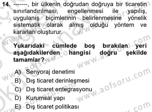 Dış Ticarete Giriş Dersi 2024 - 2025 Yılı Yaz Okulu Sınav Soruları 14. Soru