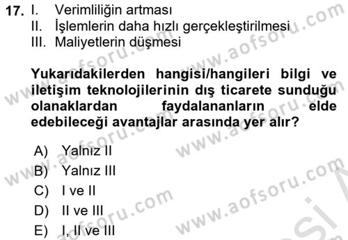 Dış Ticarete Giriş Dersi 2024 - 2025 Yılı Yaz Okulu Sınav Soruları 17. Soru