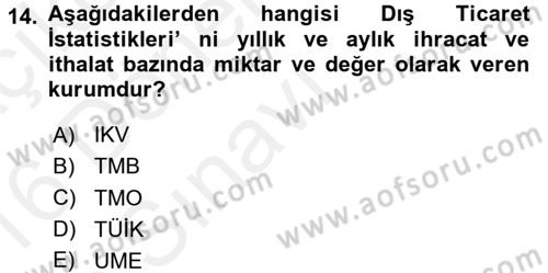 Dış Ticaretle İlgili Kurumlar ve Kuruluşlar Dersi 2015 - 2016 Yılı Tek Ders Sınav Soruları 14. Soru
