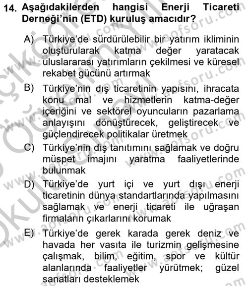 Dış Ticaretle İlgili Kurumlar ve Kuruluşlar Dersi 2018 - 2019 Yılı Yaz Okulu Sınav Soruları 14. Soru