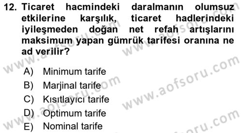 Uluslararası Ticaret Dersi 2015 - 2016 Yılı (Final) Dönem Sonu Sınav Soruları 12. Soru