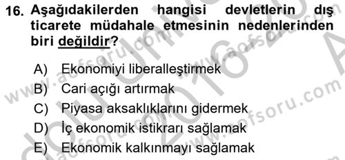 Uluslararası Ticaret Dersi 2016 - 2017 Yılı (Vize) Ara Sınavı 16. Soru