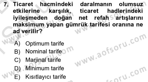 Uluslararası Ticaret Dersi 2016 - 2017 Yılı (Final) Dönem Sonu Sınavı 7. Soru