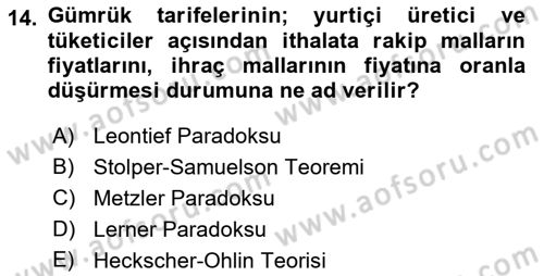 Uluslararası Ticaret Dersi 2017 - 2018 Yılı (Vize) Ara Sınavı 14. Soru