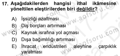 Uluslararası Ticaret Dersi 2017 - 2018 Yılı (Vize) Ara Sınavı 17. Soru