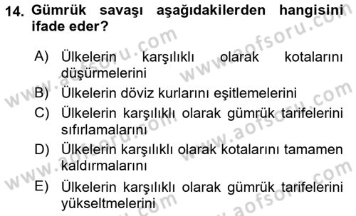 Uluslararası Ticaret Dersi 2018 - 2019 Yılı Yaz Okulu Sınav Soruları 14. Soru